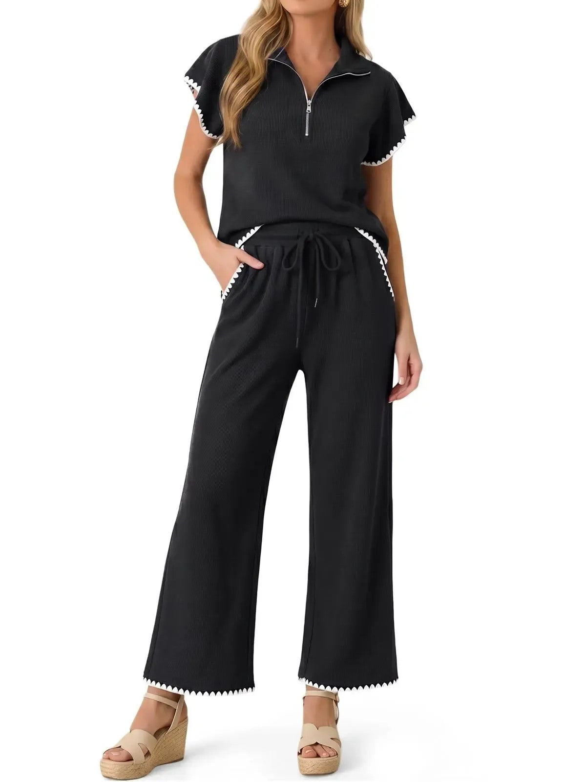 Women's Scallop Trim Zip Collar Two Piece Outfit