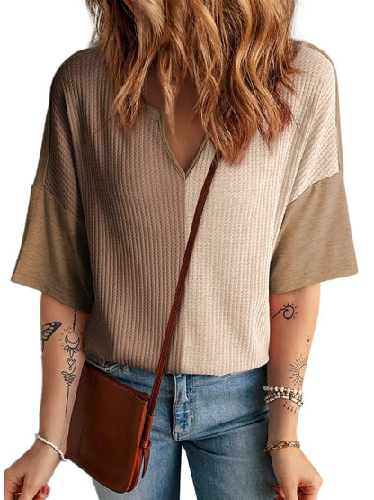 Women's Color Block Waffle Knit Notch Neck Top
