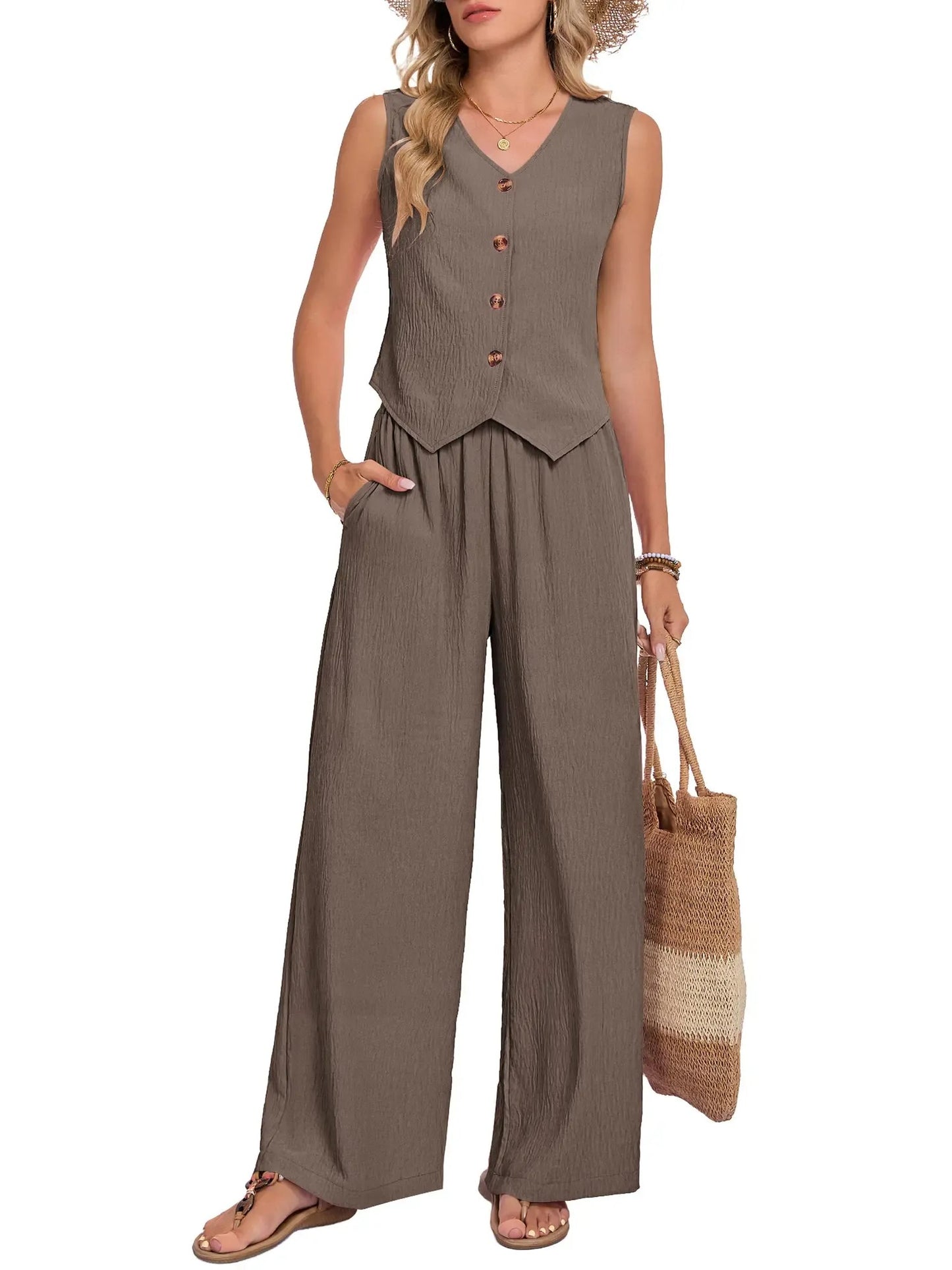 Women's Sleeveless Vest Wide Leg Pants Two Piece Set