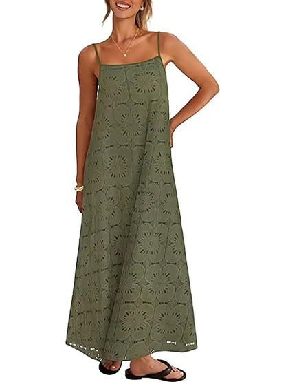 Women's Boho Hollow Floral Spaghetti Strap Maxi Dress