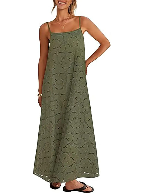 Women's Boho Hollow Floral Spaghetti Strap Maxi Dress