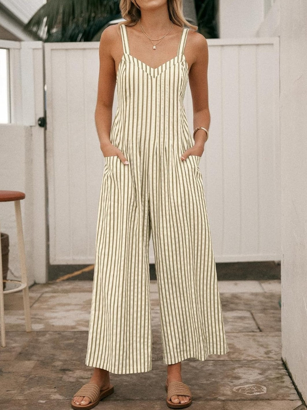 Women's Modern Stripe Open-Back Wide-Leg Jumpsuit