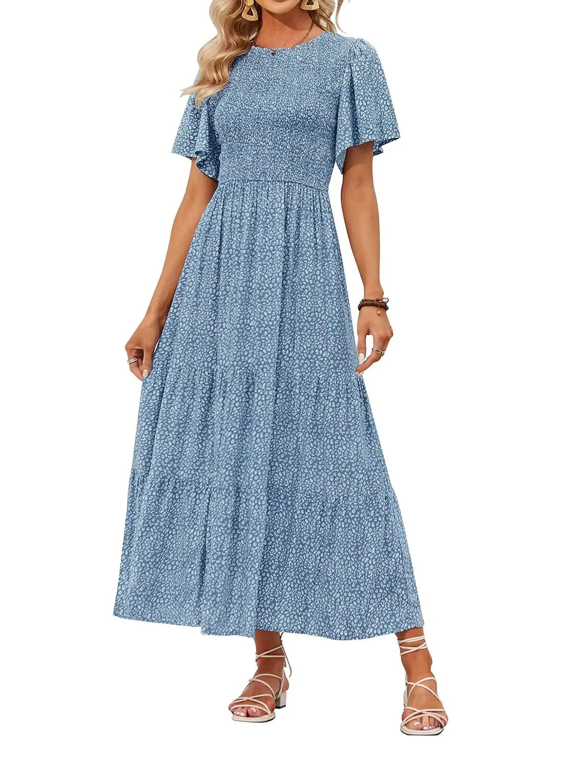 Women's 2026 Summer Casual Floral Print Short Flutter Sleeve Flowy Maxi Dress