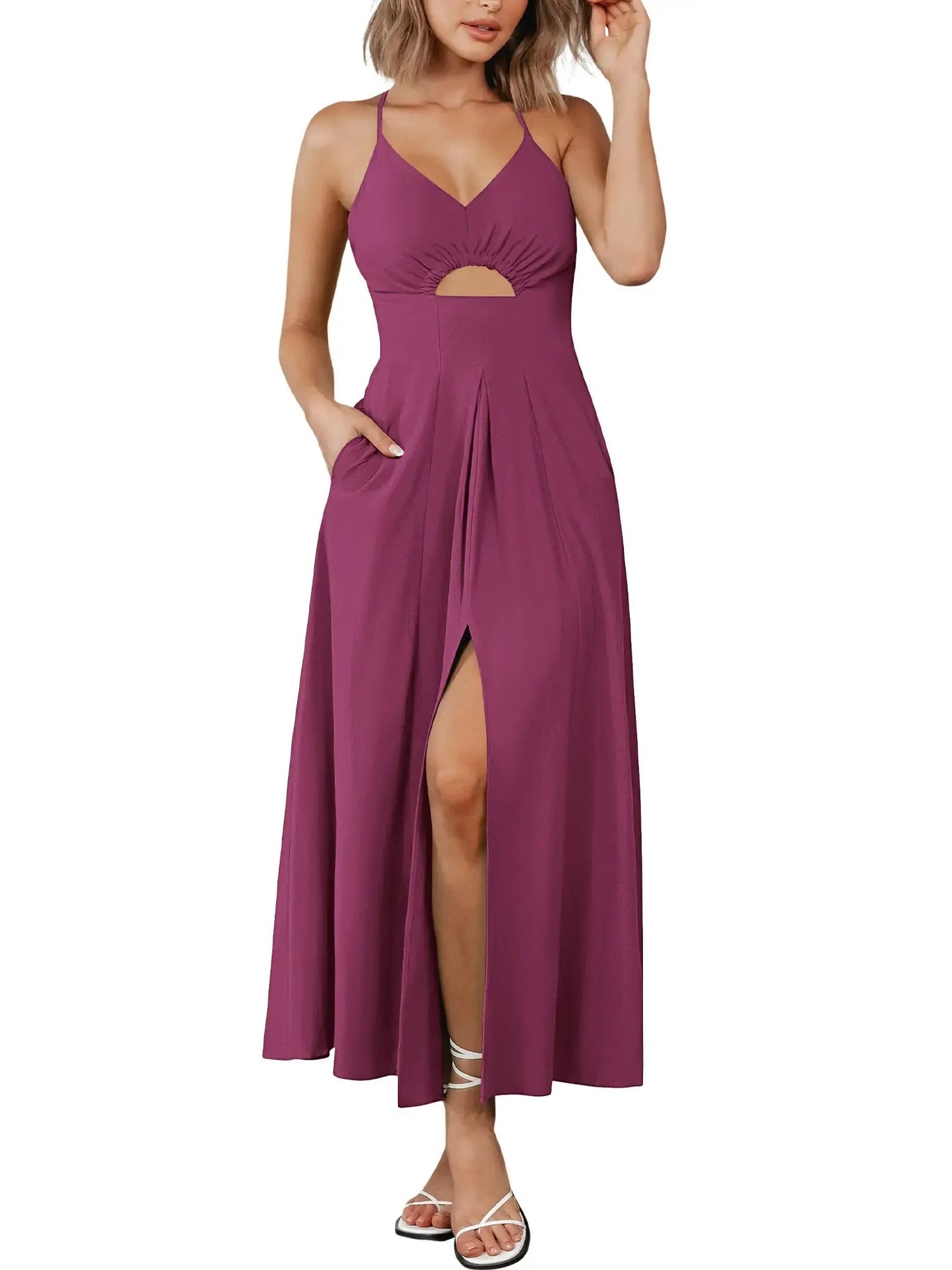 Women's Sleeveless V-Neck Cutout Cami Slit Maxi Dress