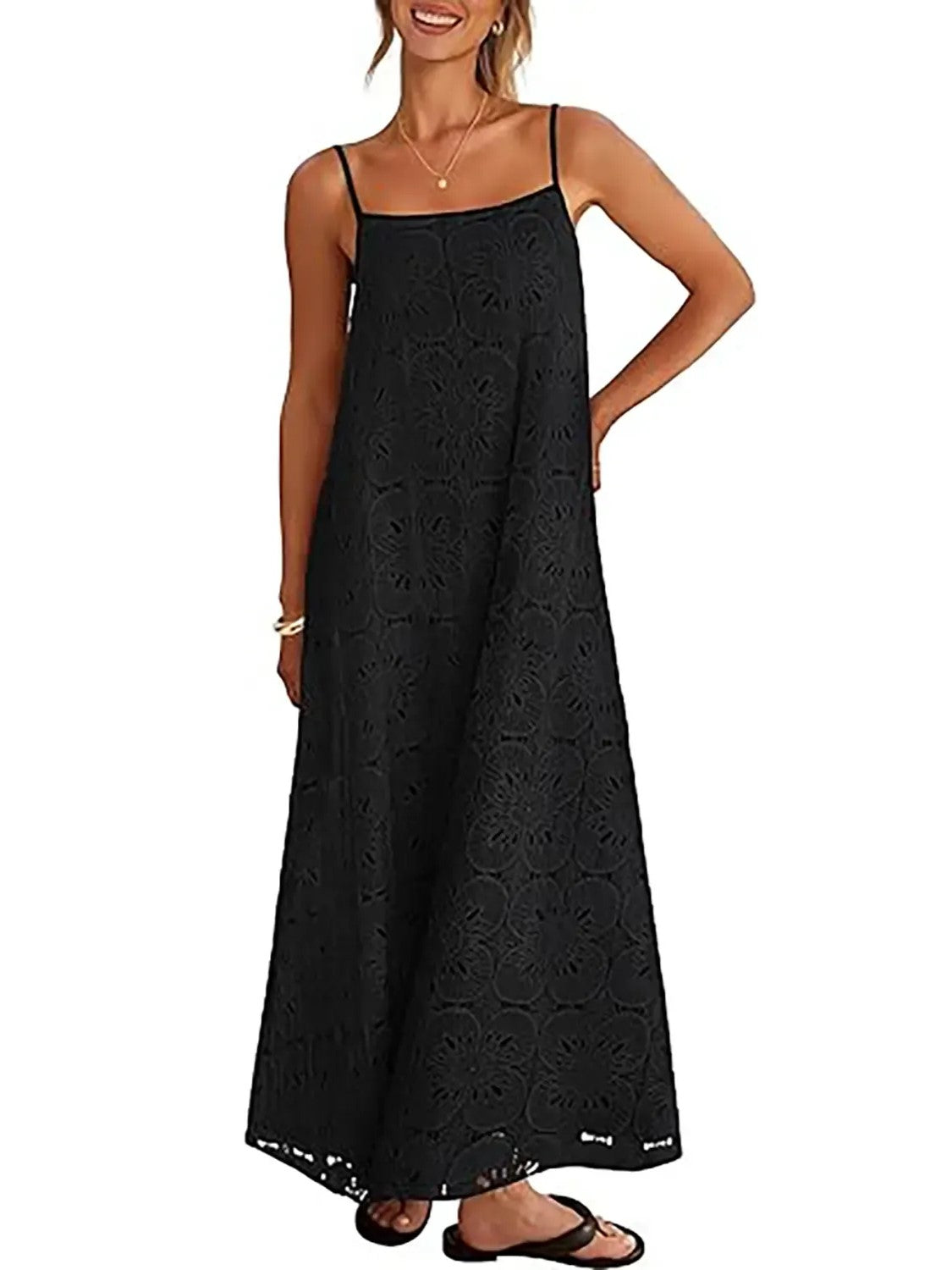 Women's Boho Hollow Floral Spaghetti Strap Maxi Dress