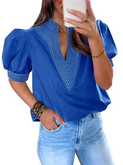 Women Contrast Stitch Stand Collar Puff Sleeve Casual Blouse