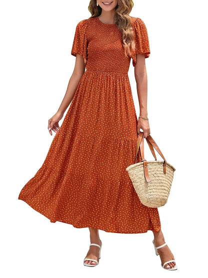 Women's 2026 Summer Casual Floral Print Short Flutter Sleeve Flowy Maxi Dress