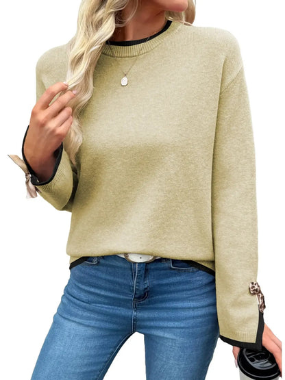 Women Crew Neck Knit Sweater With Leopard Print Bow Cuffs