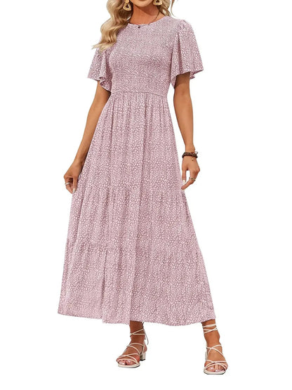 Women's 2026 Summer Casual Floral Print Short Flutter Sleeve Flowy Maxi Dress