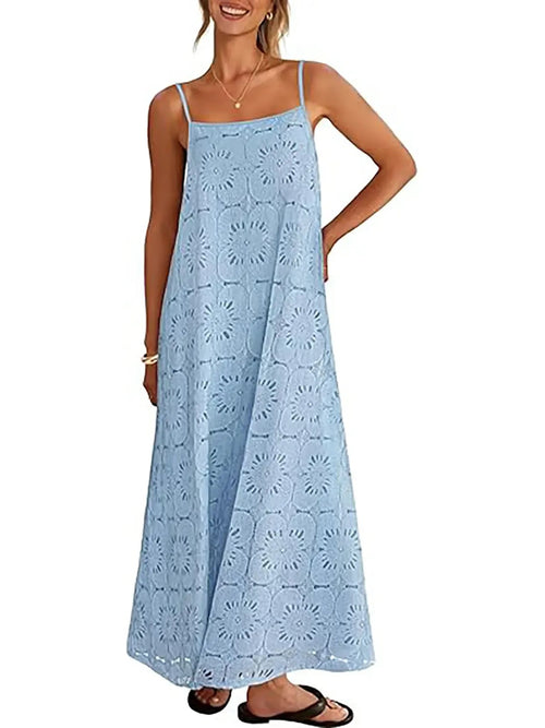 Women's Spaghetti Strap Floral Eyelet Maxi Dress