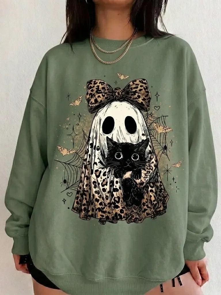 Vintage Halloween Leopard Bow Ghost Black‑Cat Sweatshirt