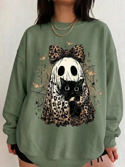 Vintage Halloween Leopard Bow Ghost Black‑Cat Sweatshirt