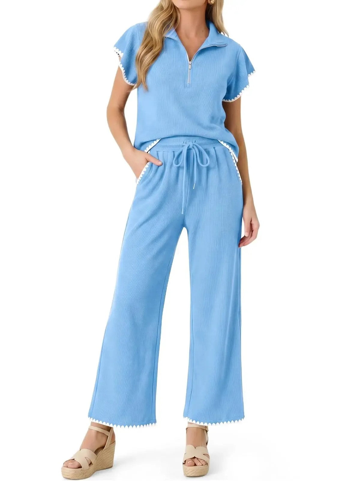 Women's Scallop Trim Zip Collar Two Piece Outfit