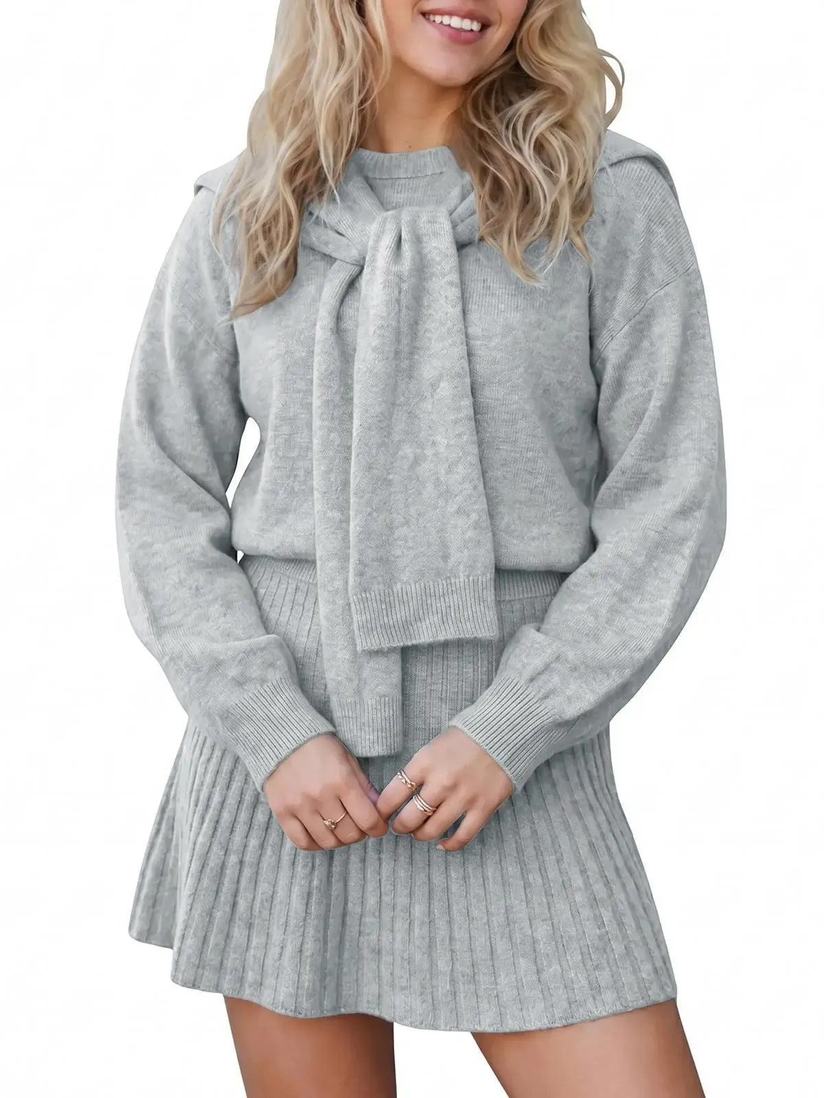 Women's Cozy Knit Tie-Neck Sweater & Skirt Set