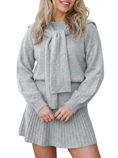 Women's Cozy Knit Tie-Neck Sweater & Skirt Set