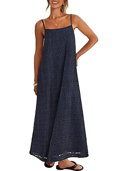 Women's Boho Hollow Floral Spaghetti Strap Maxi Dress