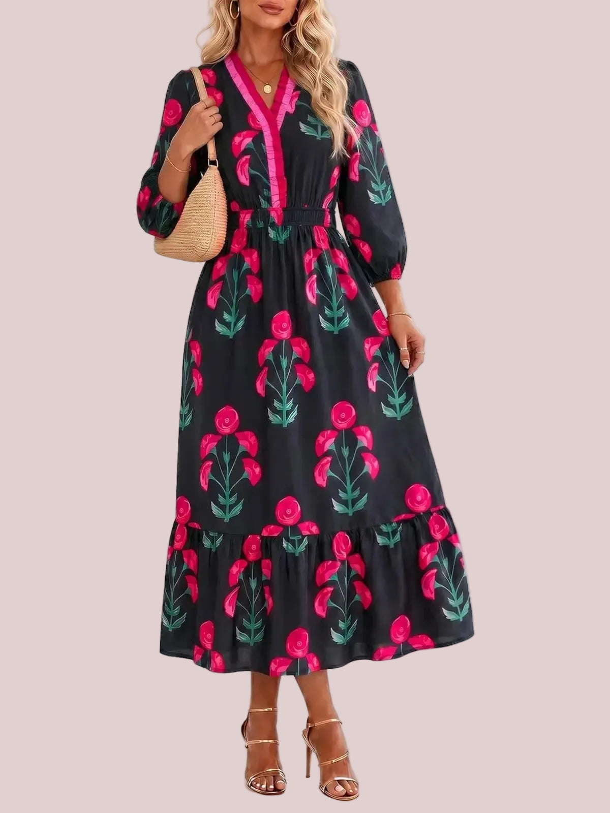 Women's Bohemian Floral Printed Tiered Midi Dress with Elastic Waist