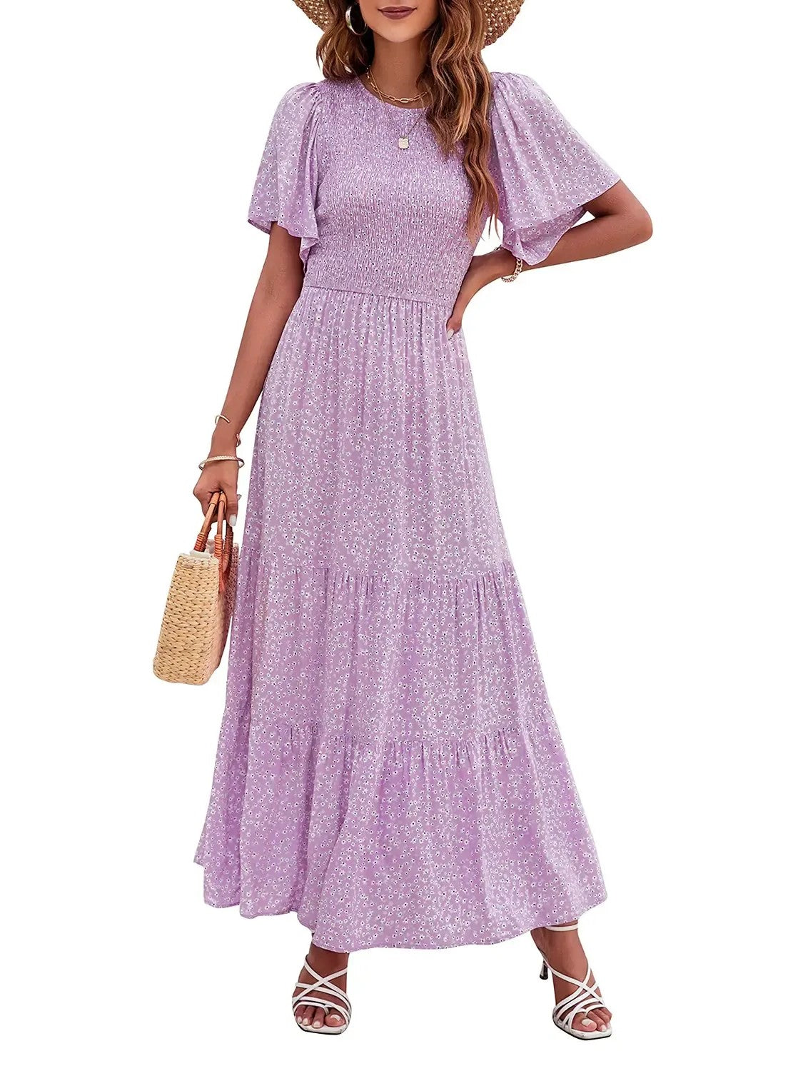 Women's 2026 Summer Casual Floral Print Short Flutter Sleeve Flowy Maxi Dress