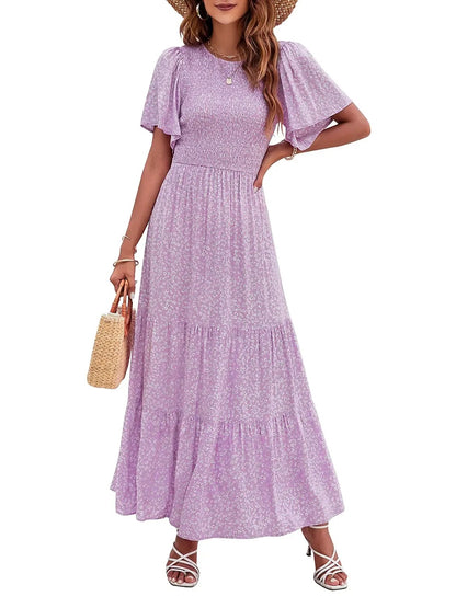 Women's 2026 Summer Casual Floral Print Short Flutter Sleeve Flowy Maxi Dress
