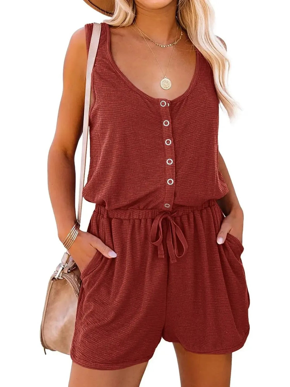 Women's Summer Scoop Neck Sleeveless Button Down Tank Top Rompers