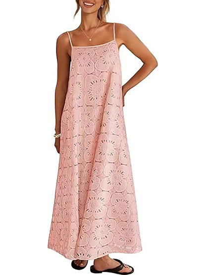 Women's Boho Hollow Floral Spaghetti Strap Maxi Dress