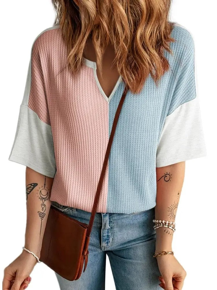 Women's Color Block Waffle Knit Notch Neck Top