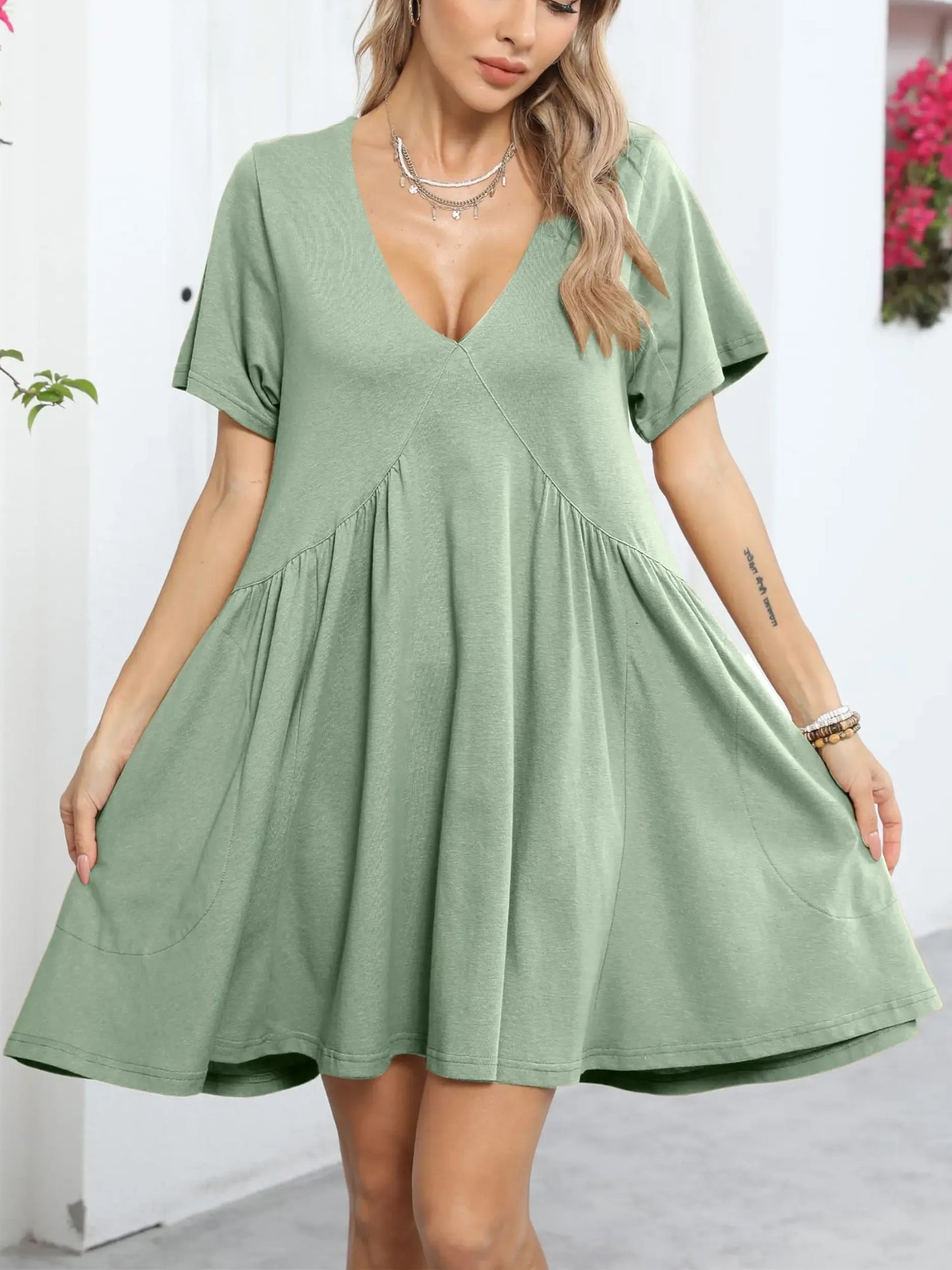 Women's V Neck Flowy Mini Babydoll Dress