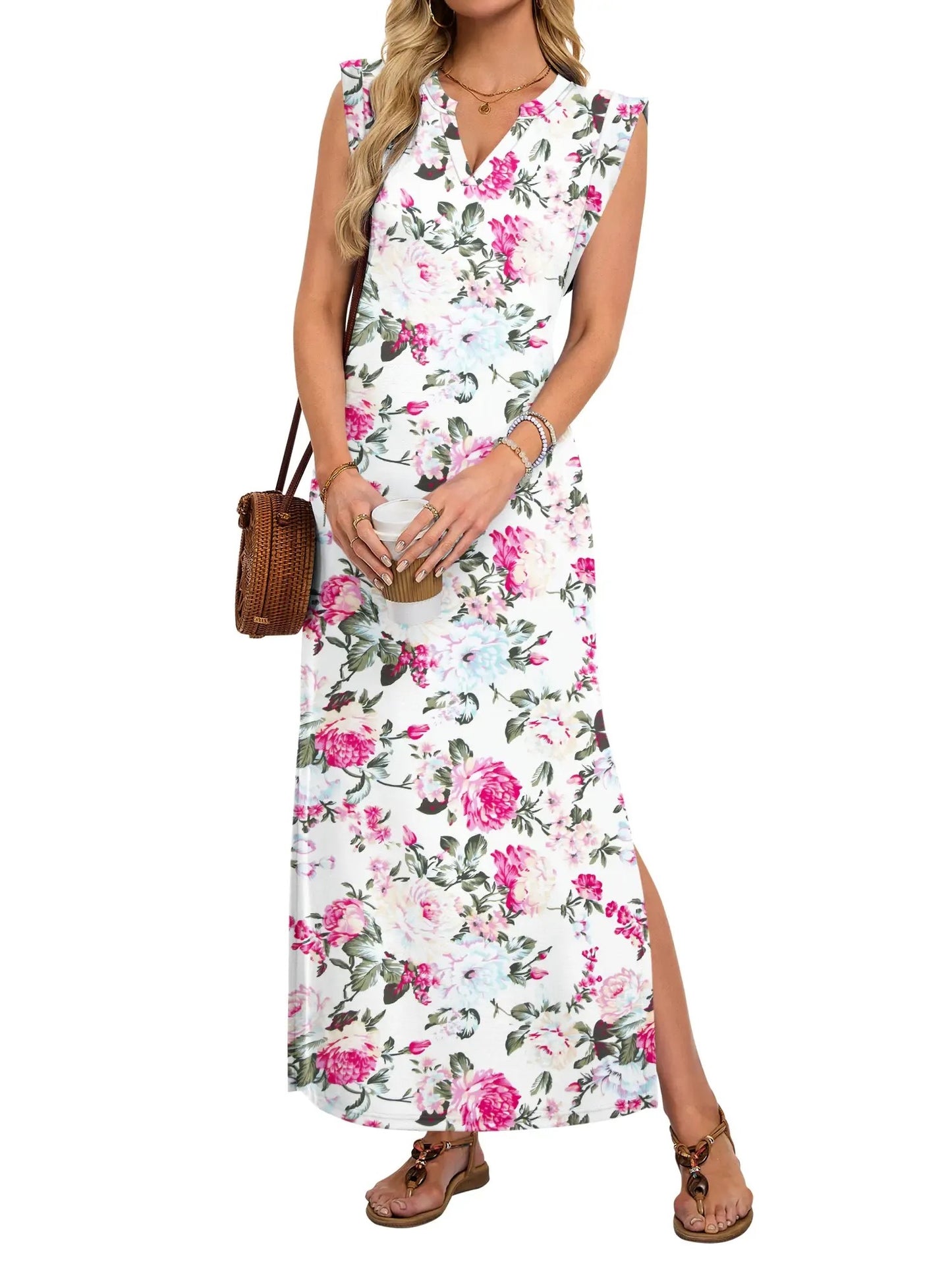 Women's Basic V-Neck Split Maxi Dress