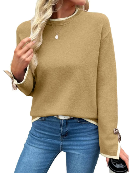Women Crew Neck Knit Sweater With Leopard Print Bow Cuffs
