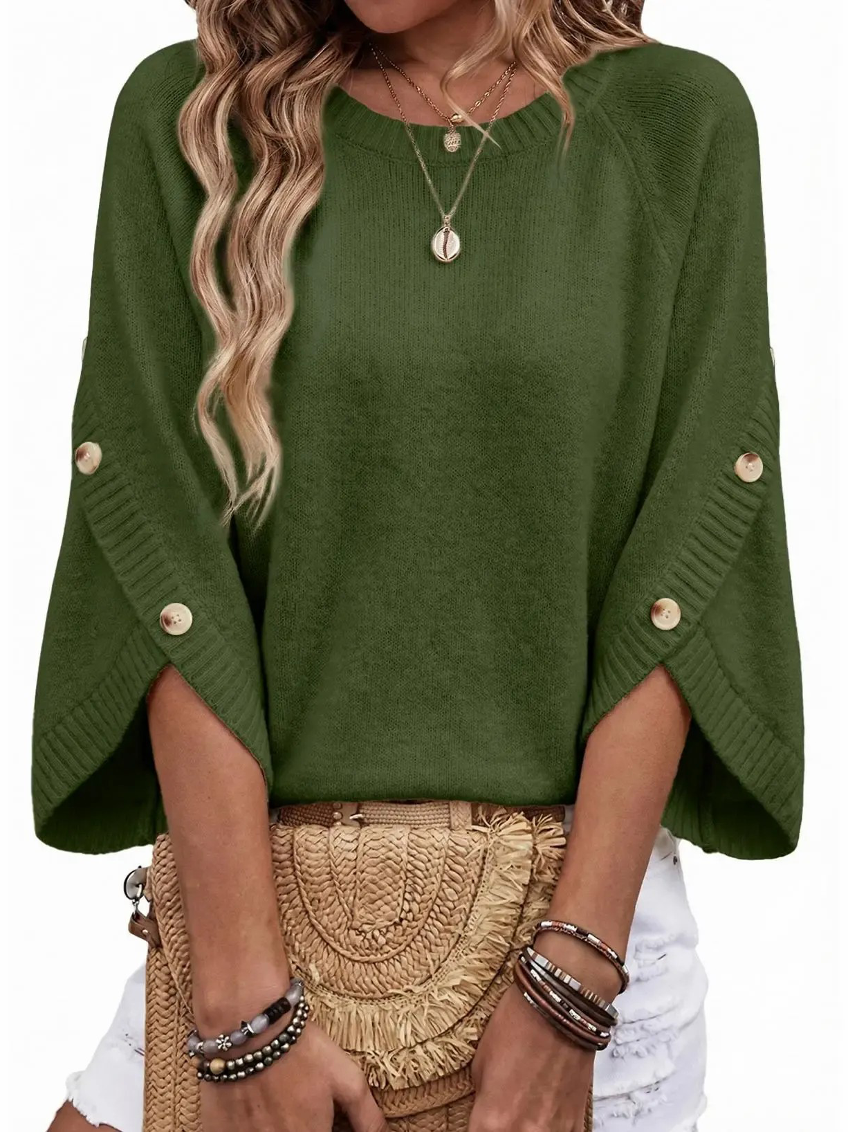 Women’s Crew Neck Raglan Sleeve Button Detail Knit Pullover