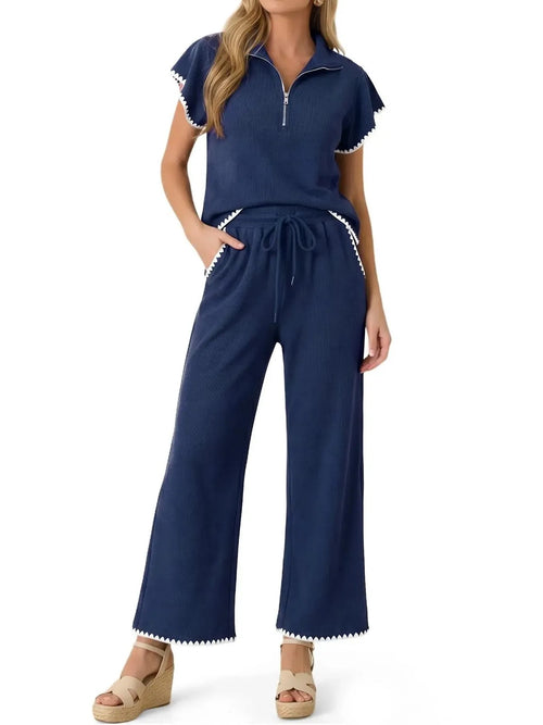 Women's Scallop Trim Zip Collar Two Piece Outfit