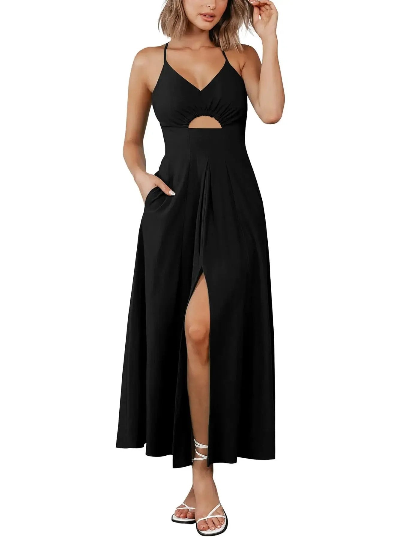 Women's Sleeveless V-Neck Cutout Cami Slit Maxi Dress