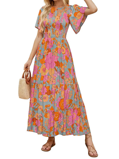 Women's 2026 Summer Casual Floral Print Short Flutter Sleeve Flowy Maxi Dress