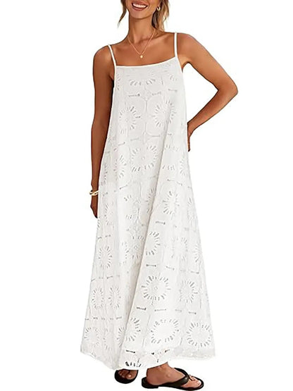 Women's Boho Hollow Floral Spaghetti Strap Maxi Dress
