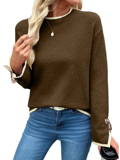 Women Crew Neck Knit Sweater With Leopard Print Bow Cuffs