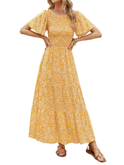 Women's 2026 Summer Casual Floral Print Short Flutter Sleeve Flowy Maxi Dress
