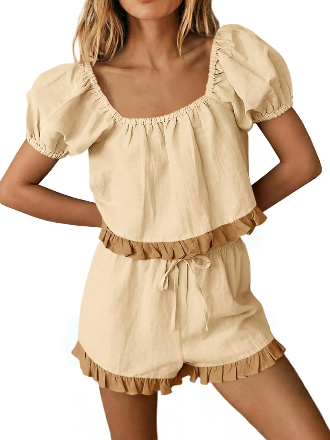 Women's Square Neck Frill Trim Matching Outfit
