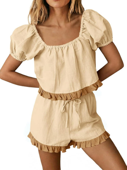 Women's Square Neck Frill Trim Matching Outfit