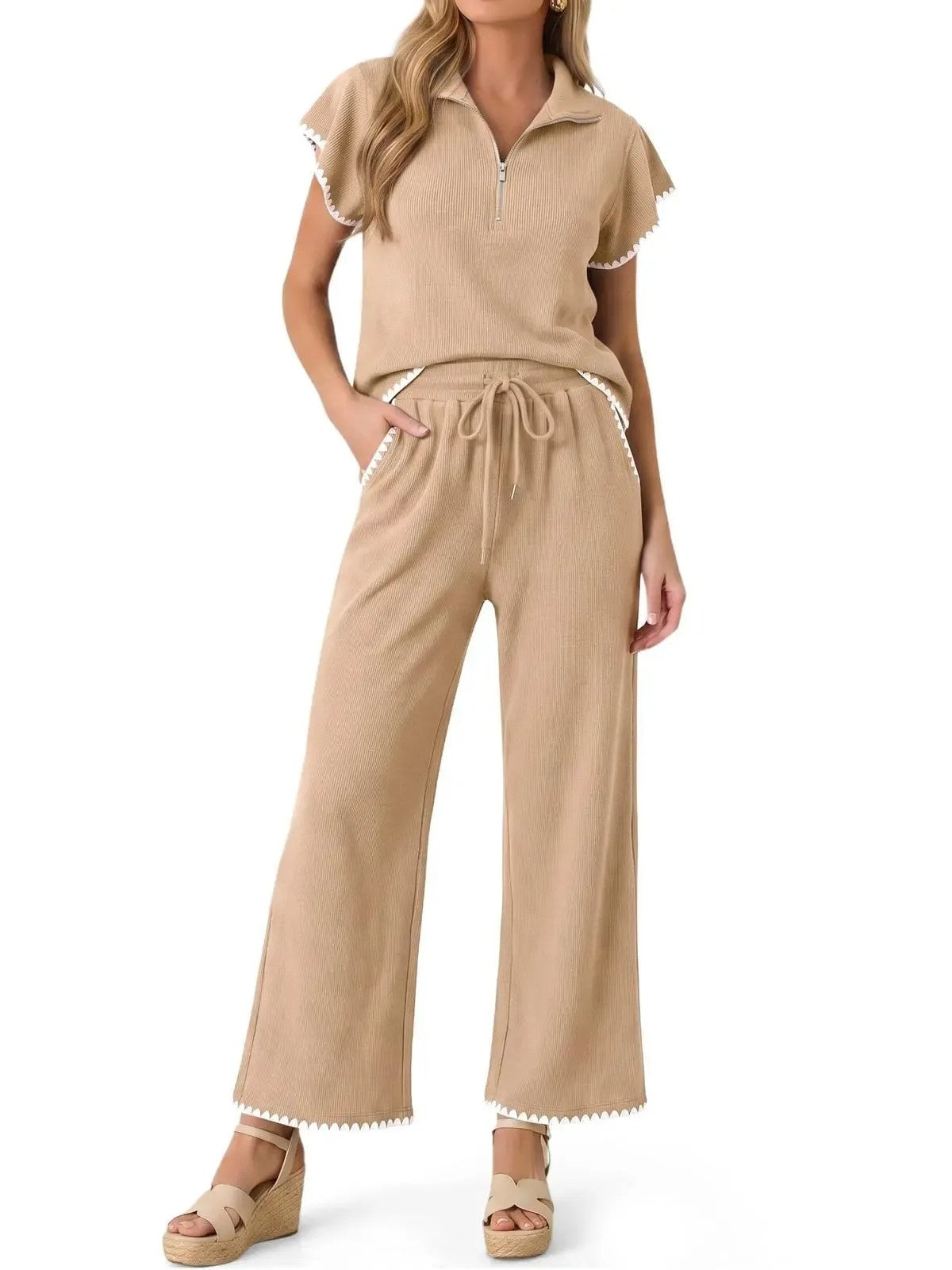 Women's Scallop Trim Zip Collar Two Piece Outfit