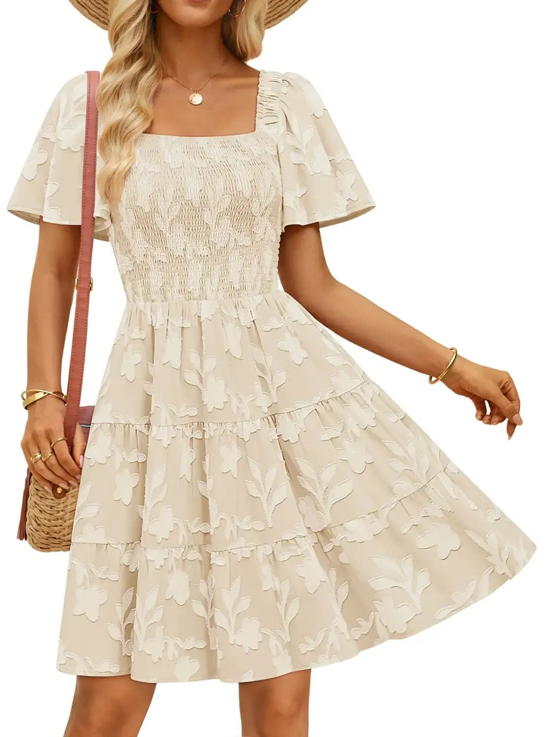 Women‘s Square Neck Floral Flutter Sleeve A Line Dress