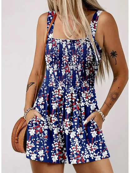 Women's Sleeveless Loose Floral Print Romper with Pockets