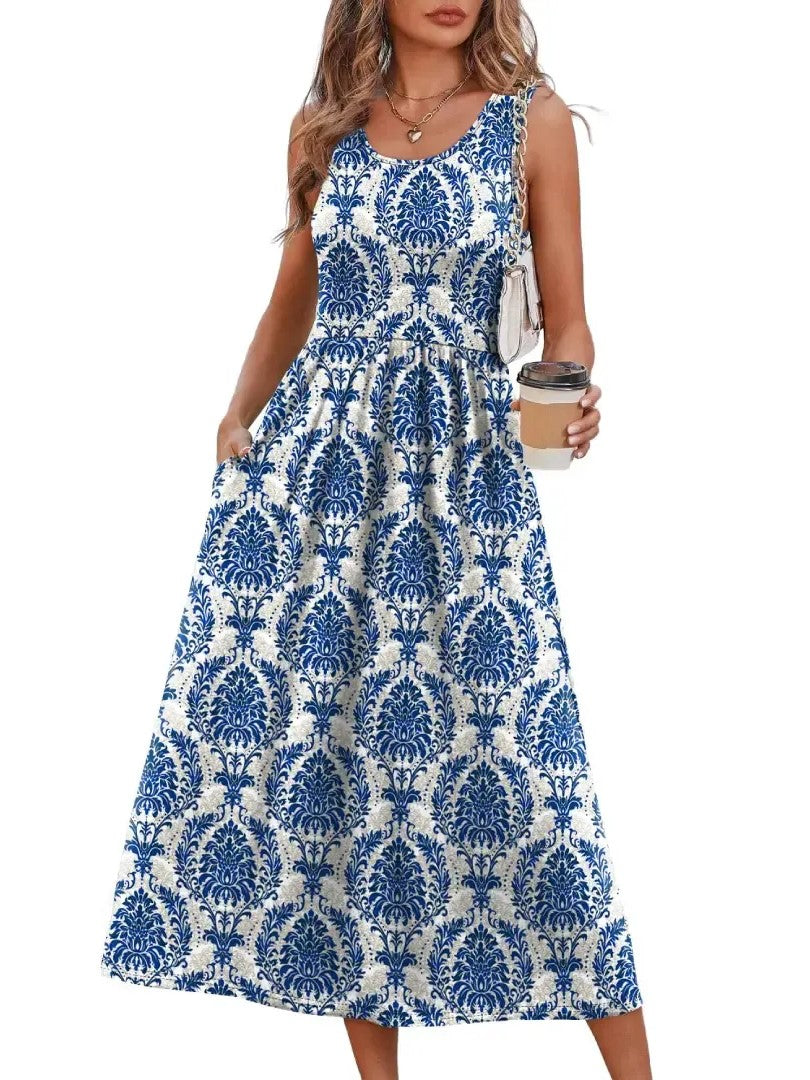Women's Round Neck A Line Casual Midi Dress