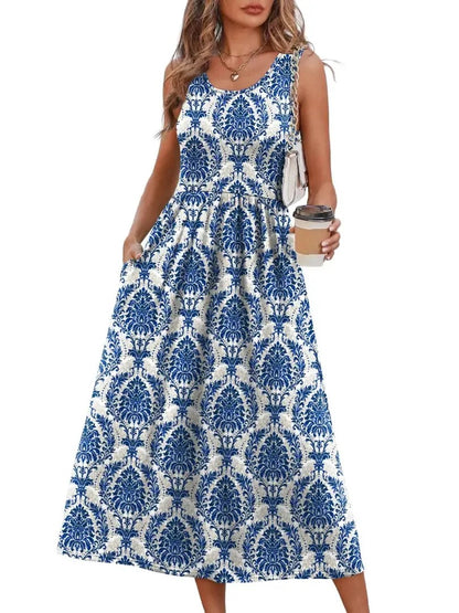 Women's Round Neck A Line Casual Midi Dress