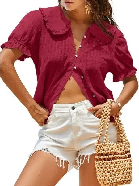 Women's Peter Pan Collar Puff Sleeve Button Down Blouse