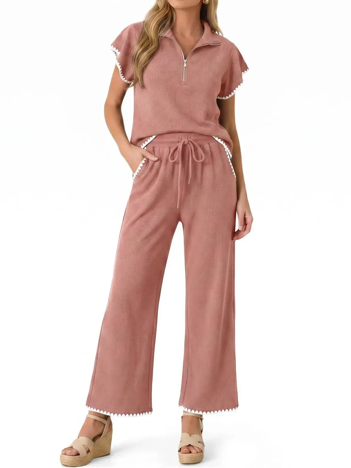 Women's Scallop Trim Zip Collar Two Piece Outfit