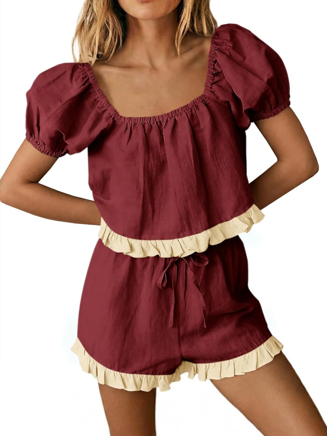 Women's Square Neck Frill Trim Matching Outfit