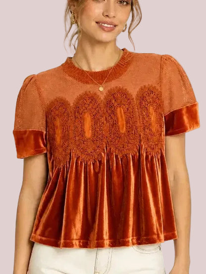 Women's Lace Patchwork Velvet Peplum Short Puff Sleeve Blouse