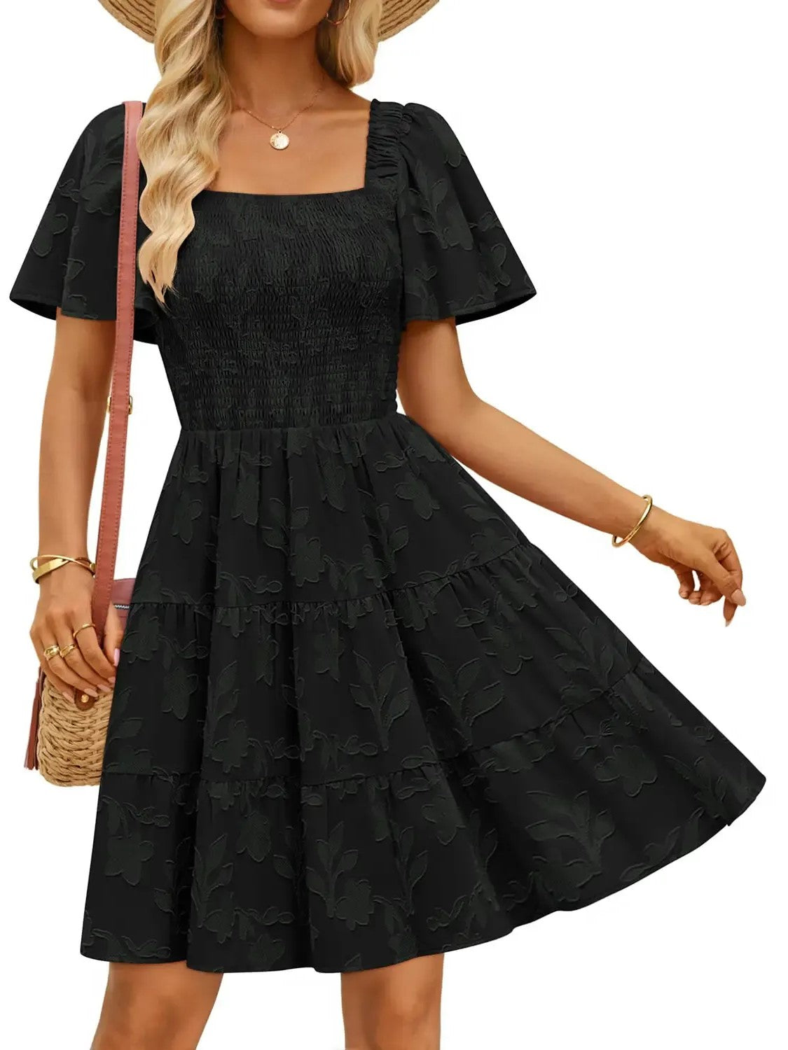 Women‘s Square Neck Floral Flutter Sleeve A Line Dress