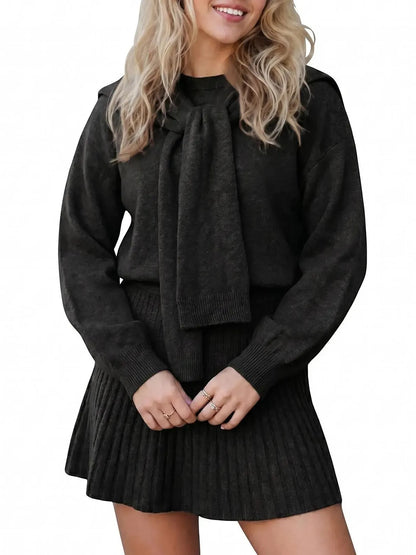 Women's Cozy Knit Tie-Neck Sweater & Skirt Set