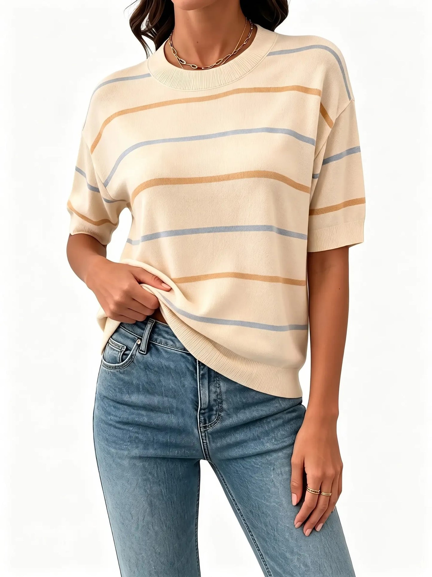 Women's Casual Half Sleeve Striped Knit Shirt